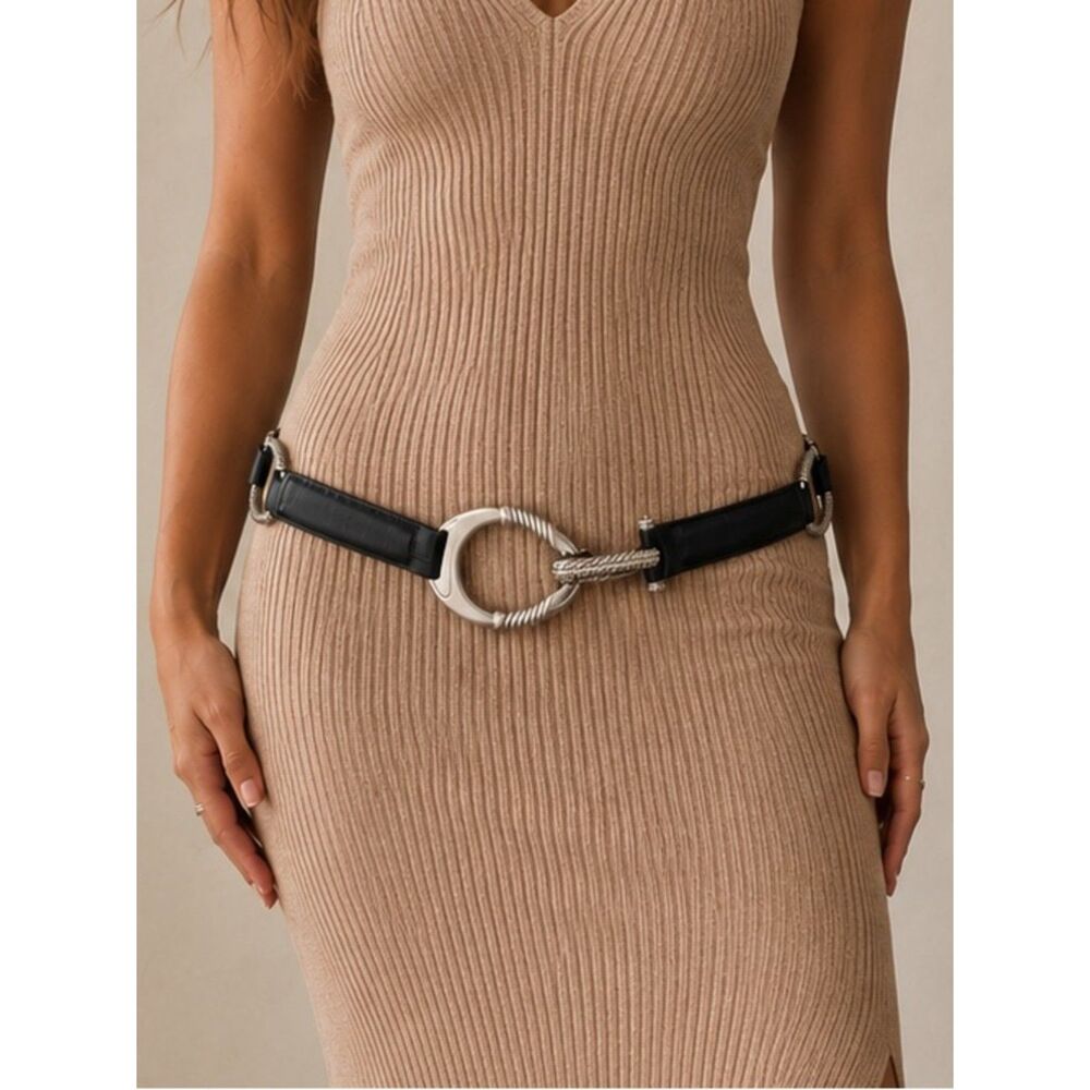 Brighton Black Croc Embossed Leather Oval Link Belt B30943 Silver Buckle Sz 36